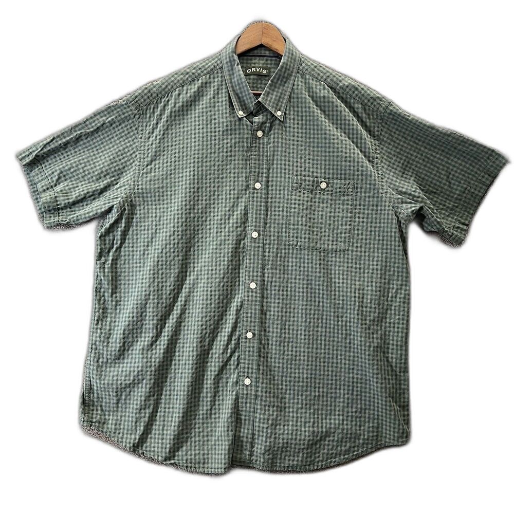 ORVIS MENS 2X SHORT SLEEVE BUTTON UP GREEN GINGHAM CHECK COTTON
